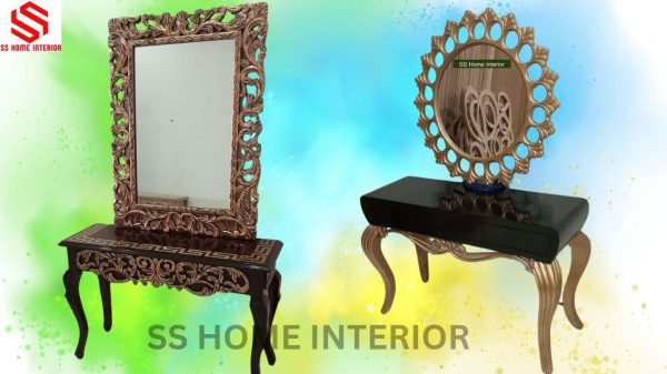 A dressing table with a mirror