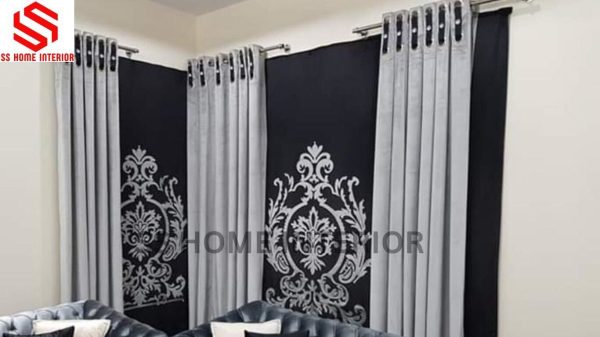 L-Type Window Velvet Curtains with Elegant Motif Center Blinds – Premium Design by SS Home Interior