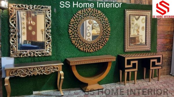 A dressing table with a mirror